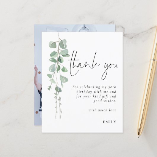 Budget Eukalyptus Foto 70. Geburtstag Vielen Dank (Vorderseite/Rückseite Beispiel)