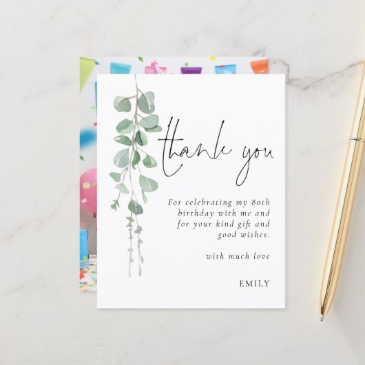 Budget Eukalyptus Foto 80. Geburtstag Vielen Dank (Vorderseite/Rückseite Beispiel)