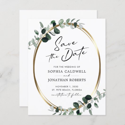 Budget Eukalyptus Gold Calligraphy Save the Date (Vorne/Hinten)