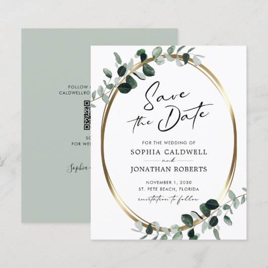 Budget Eukalyptus Gold Calligraphy Save the Date (Vorne/Hinten)