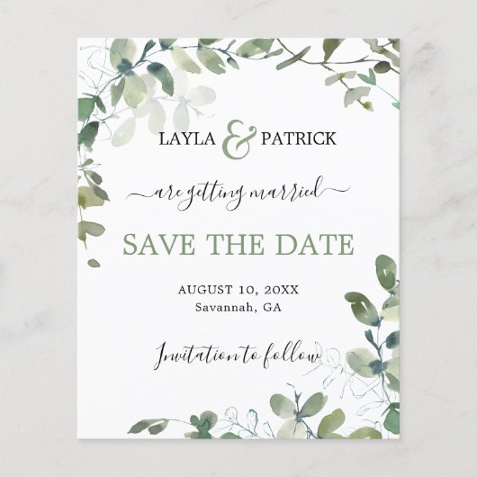 Budget Eukalyptus Greenerity Wedding Save the Date Flyer (Vorne)