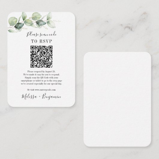 Budget Eukalyptus Greenery QR Code Wedding RSVP Begleitkarte (Vorne/Hinten)