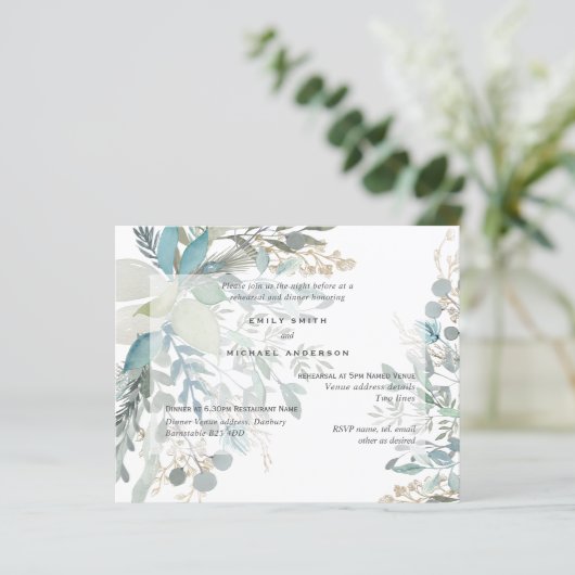 BUDGET Eukalyptus Grüne Probe Abendessen Einladung (Stehend Vorderseite)