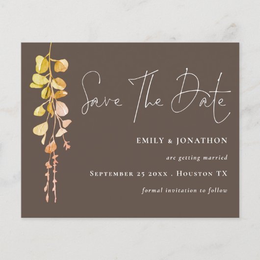 Budget Eukalyptus QR Code Earth Tone Save the Date (Vorderseite)