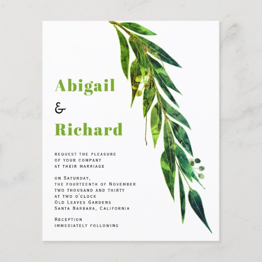 BUDGET Eukalyptus QR-Code grüne Hochzeitseinladung (Vorderseite)
