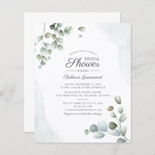 Budget Eukalyptus Script Bridal Dusche Einladung (Vorne/Hinten)