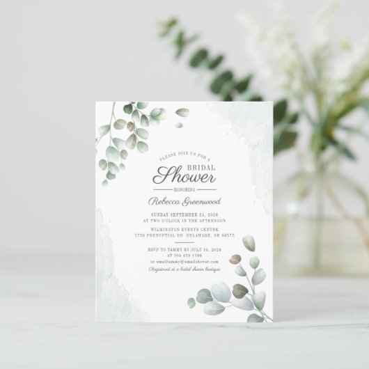 Budget Eukalyptus Script Bridal Dusche Einladung (Stehend Vorderseite)