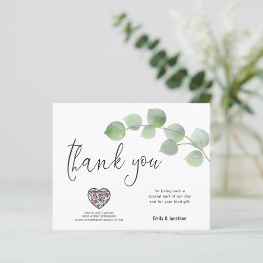 Budget Eukalyptus Script Foto QR Code Vielen Dank (Stehend Vorderseite)