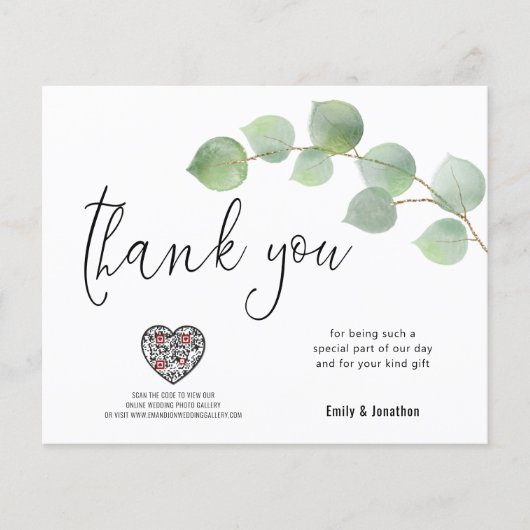 Budget Eukalyptus Script Foto QR Code Vielen Dank (Vorderseite)