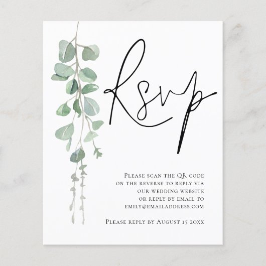 Budget Eukalyptus Script QR Code Wedding RSVP Encl (Vorderseite)