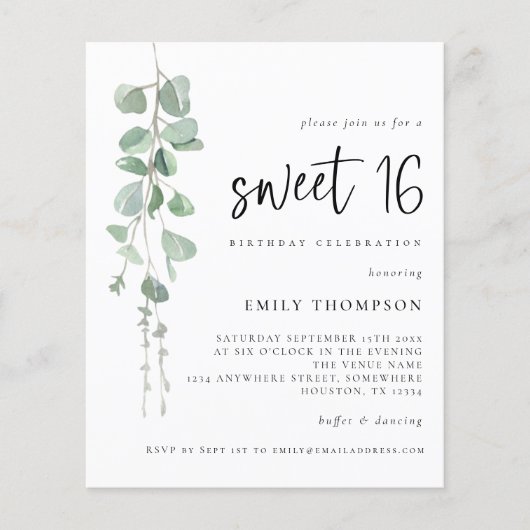 Budget Eukalyptus Script Sweet 16 Einladung (Vorderseite)