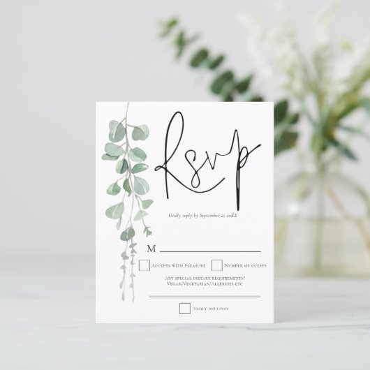 Budget Eukalyptus Script Wedding RSVP (Stehend Vorderseite)