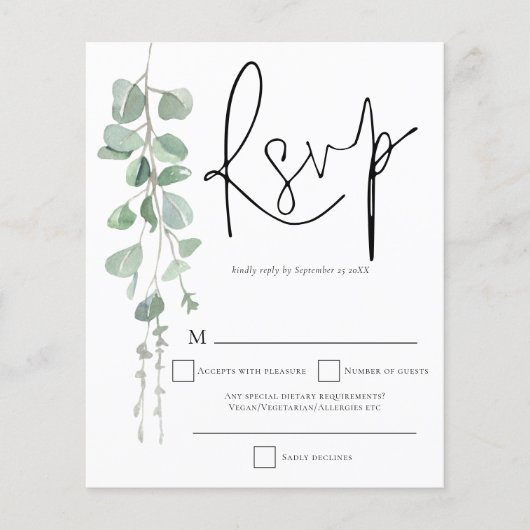 Budget Eukalyptus Script Wedding RSVP (Vorderseite)