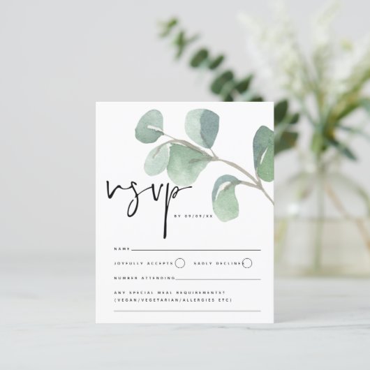 Budget Eukalyptus Script Wedding RSVP Enclosure (Stehend Vorderseite)