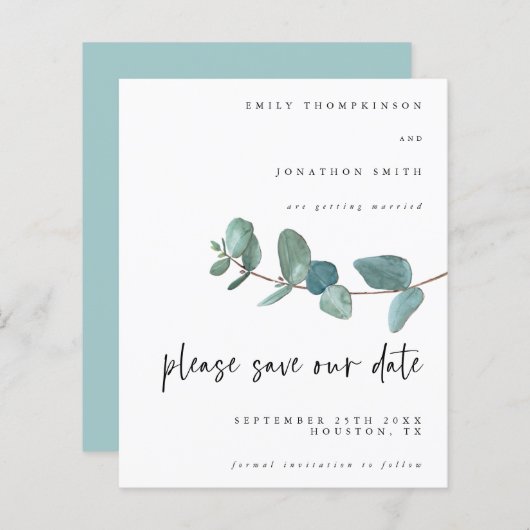 Budget Eukalyptus Script Wedding Save the Date (Vorne/Hinten)