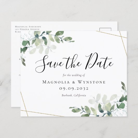 Budget Eukalyptus Wedding Save the Date Postcard (Vorne/Hinten)