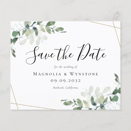 Budget Eukalyptus Wedding Save the Date Postcard (Vorderseite)