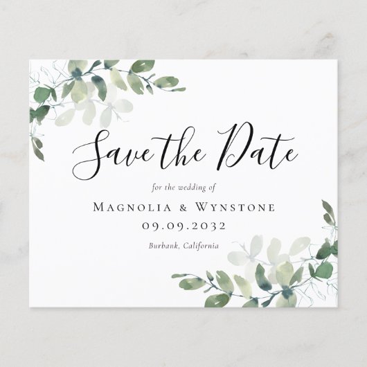 Budget Eukalyptus Wedding Save the Date Postcard (Vorderseite)