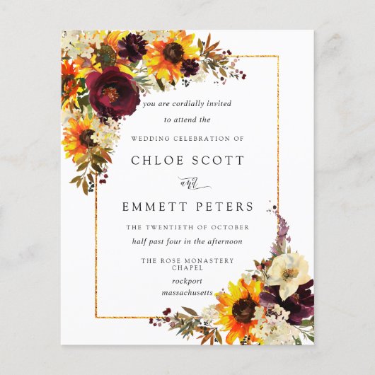 Budget Fall Blume Sonnenblumen Einladung (Vorderseite)