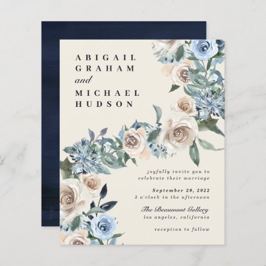 Budget Fall Cream Blue Watercolor Blume Hochzeit (Vorne/Hinten)