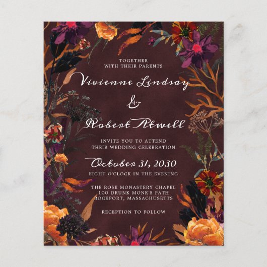 Budget Fall Floral Burgundy Hochzeitseinladung (Vorderseite)
