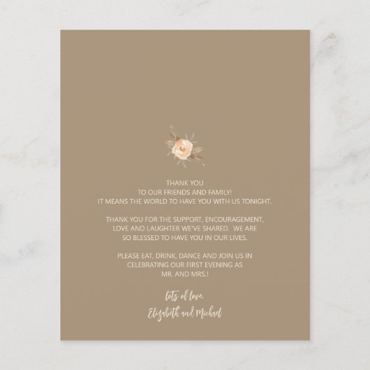 Budget Fall Floral Wedding Menü und vielen Dank (Hinten)