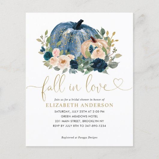 Budget Fall Liebe Blue Floral Pumpkin Brautparty Flyer (Vorne)