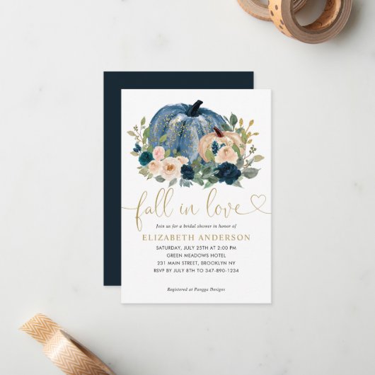 Budget Fall Liebe Blue Floral Pumpkin Brautparty Mitteilungskarte (Vorderseite/Rückseite Beispiel)