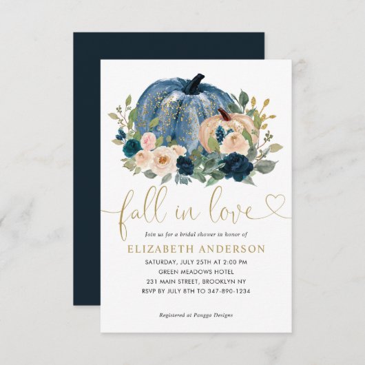 Budget Fall Liebe Blue Floral Pumpkin Brautparty Mitteilungskarte (Vorne/Hinten)