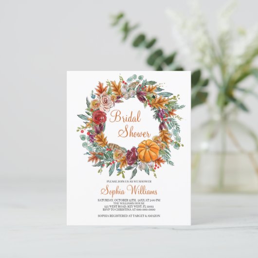 Budget Fall Pumpkin Bridal Dusche Einladung (Stehend Vorderseite)