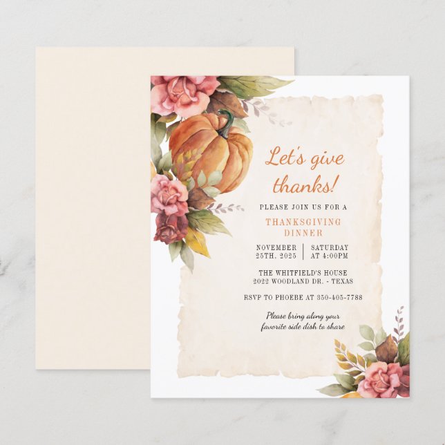 Budget Fall Rustic Pumpkin Erntedank Einladung (Vorne/Hinten)