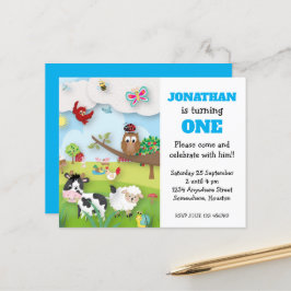 Budget Farm Animals Boy First Birthday Einladung