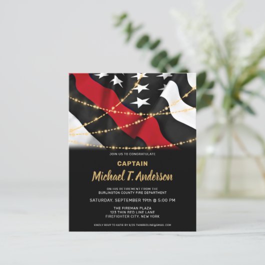 Budget Feuerwehrruhestand Thin Red Line Einladung (Stehend Vorderseite)