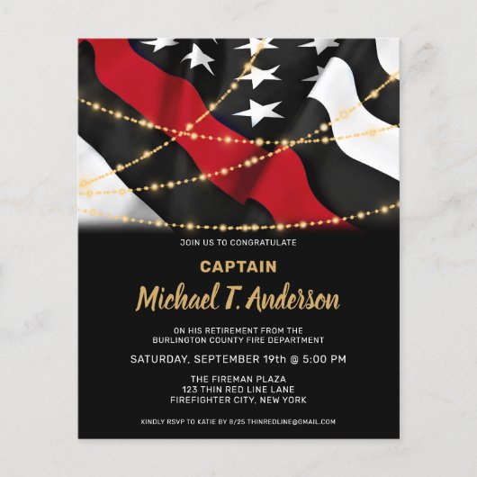 Budget Feuerwehrruhestand Thin Red Line Einladung (Vorderseite)