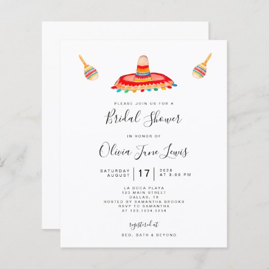 Budget Fiesta Sombrero Bridal Dusche Einladung (Vorne/Hinten)