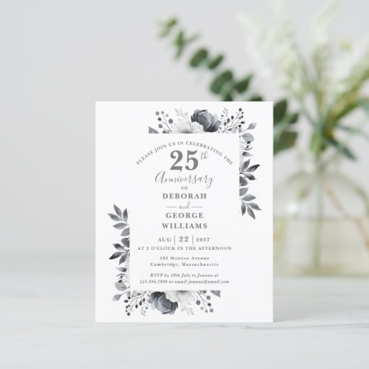 Budget Floral 25. Hochzeitstag Einladung (Stehend Vorderseite)