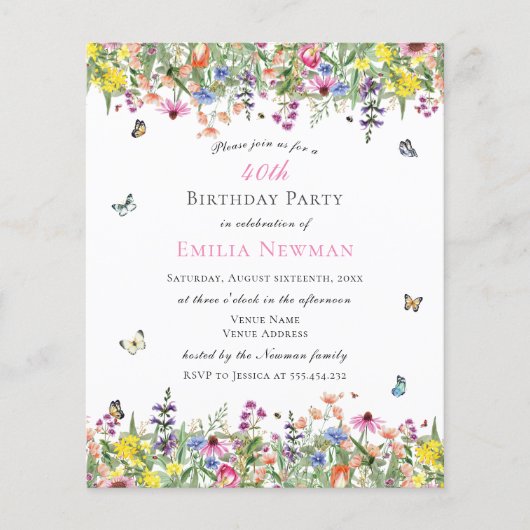 Budget Floral 40. Geburtstag Party Einladung (Vorderseite)
