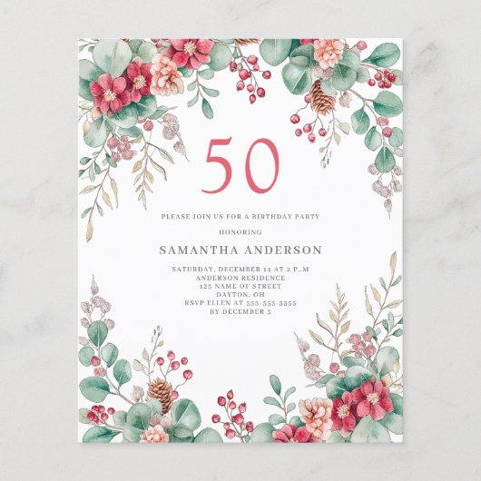 Budget Floral 50. Geburtstag Einladung Flyer (Vorne)