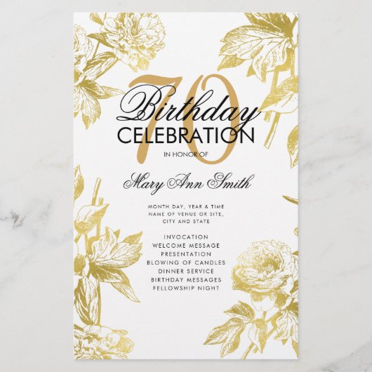 Budget Floral 70. Geburtstag Programm Gold Menü (Vorne)