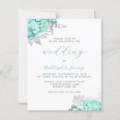 Budget Floral Aqua Silver Script Wedding Invite (Vorderseite)