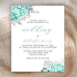 Budget Floral Aqua Silver Script Wedding Invite