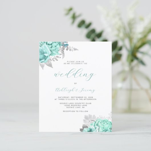 Budget Floral Aqua Silver Script Wedding Invite (Stehend Vorderseite)