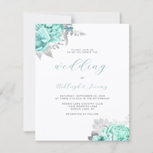 Budget Floral Aqua Silver Script Wedding Invite (Vorderseite)