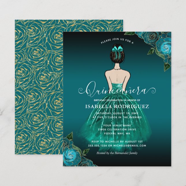 Budget Floral Aquamarin Princess Gold Quinceañera (Vorne/Hinten)