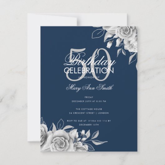 Budget Floral Birthday Party Silver Navy Einladung (Vorderseite)