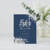 Budget Floral Birthday Party Silver Navy Einladung (Stehend Vorderseite)