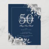 Budget Floral Birthday Party Silver Navy Einladung (Vorne/Hinten)