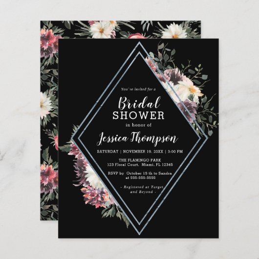Budget Floral Black Bridal Dusche Einladung (Vorne/Hinten)
