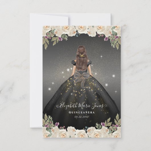 Budget Floral Black Gold Princess Quinceanera Mitteilungskarte (Rückseite)
