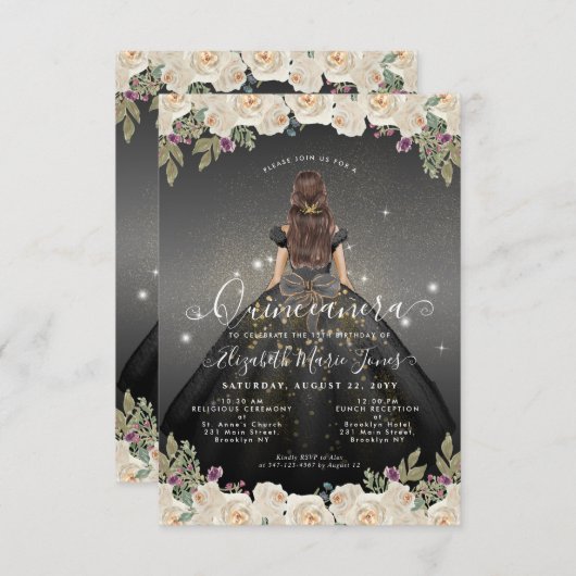 Budget Floral Black Gold Princess Quinceanera Mitteilungskarte (Vorne/Hinten)